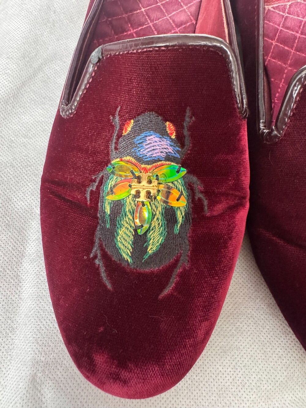 Tory Burch Burgundy Easton embroidered Velvet Beetle Loafers US 9.5 - Picture 4 of 16